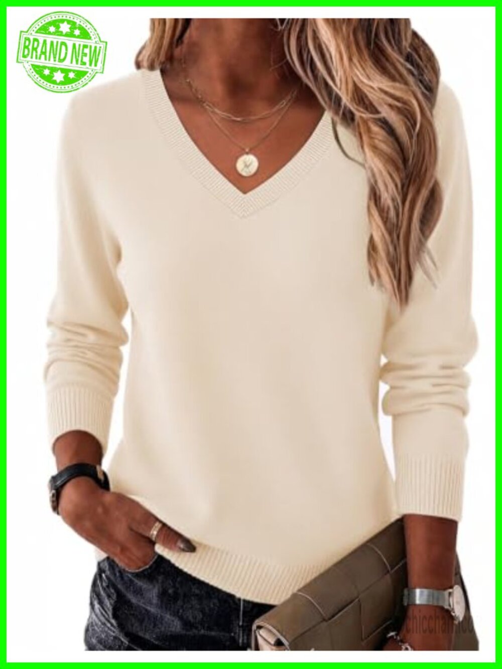 Women's Long Sleeve V Neck Ribbed Knit Pullover Sweater Casual Top